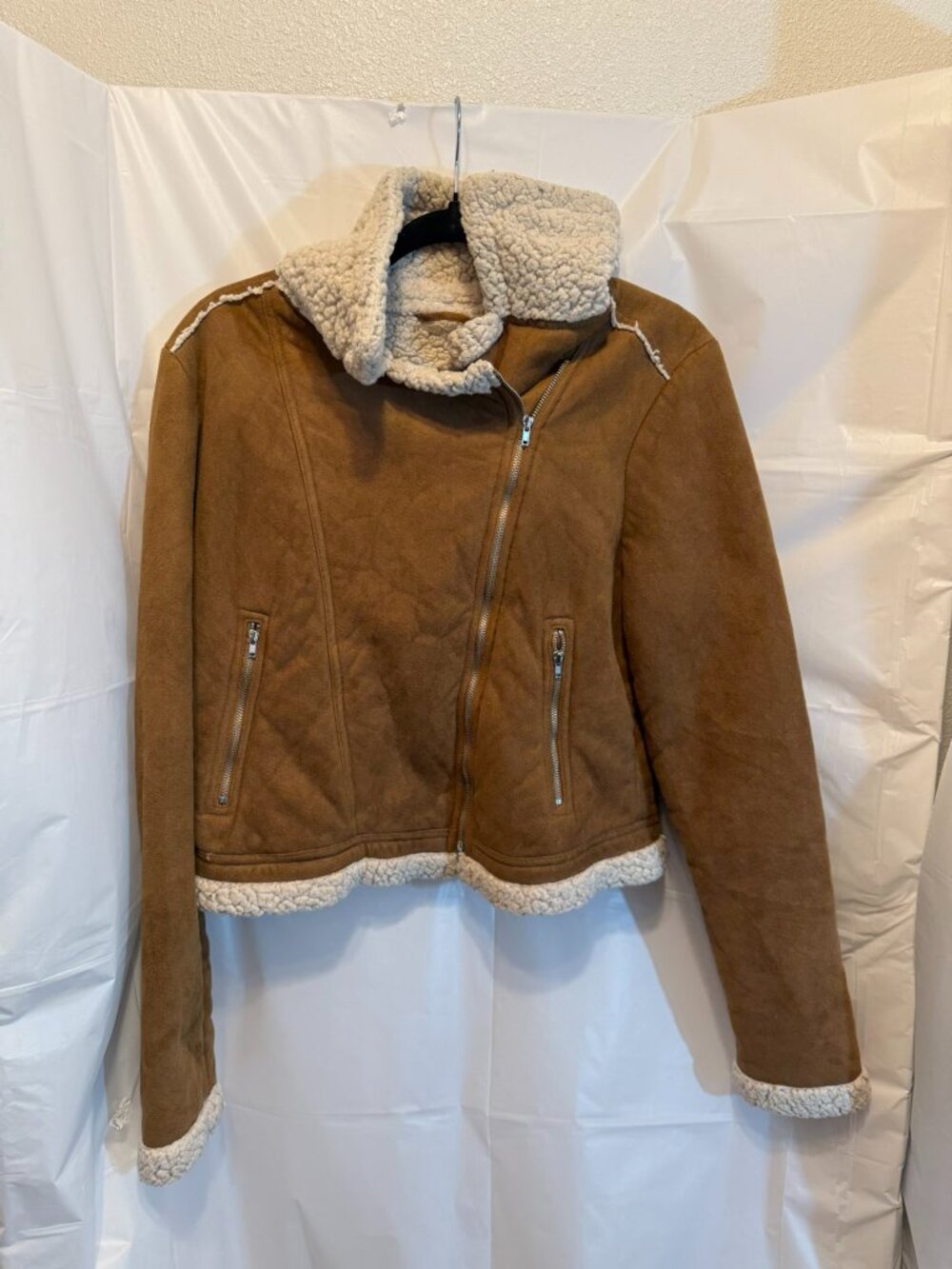 Shyanne Tan Faux Suede Sherpa Lined Biker Moto Jacket Large